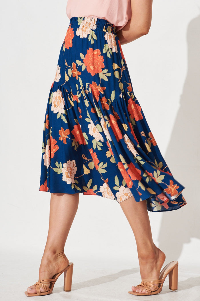 Tearose Midi Skirt in Navy and Pink Floral - side