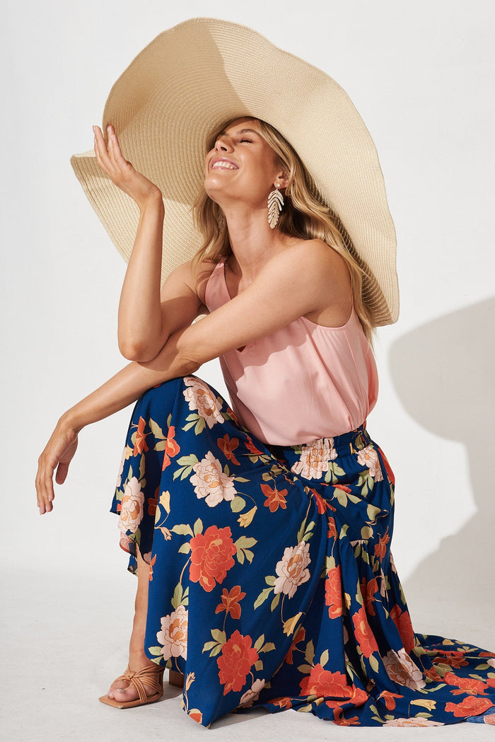Tearose Midi Skirt in Navy and Pink Floral - front