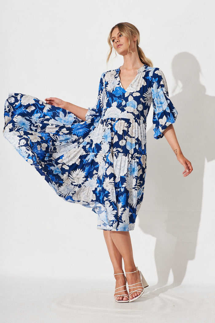 Kehlana Tiered Dress In Blue & White Floral - full length