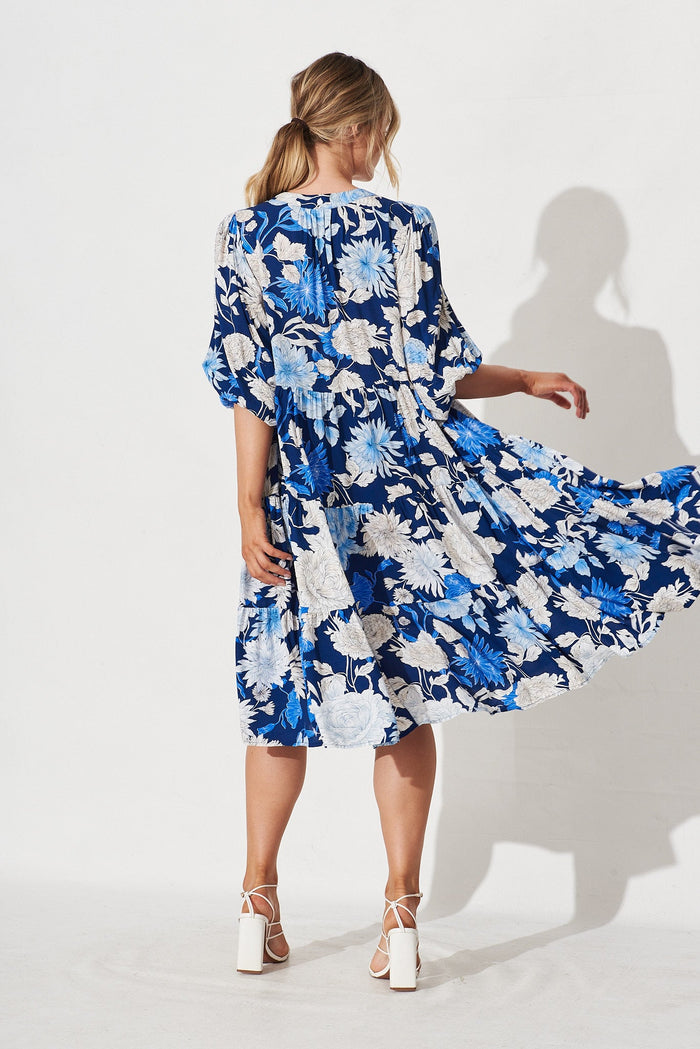 Kehlana Tiered Dress In Blue & White Floral - back
