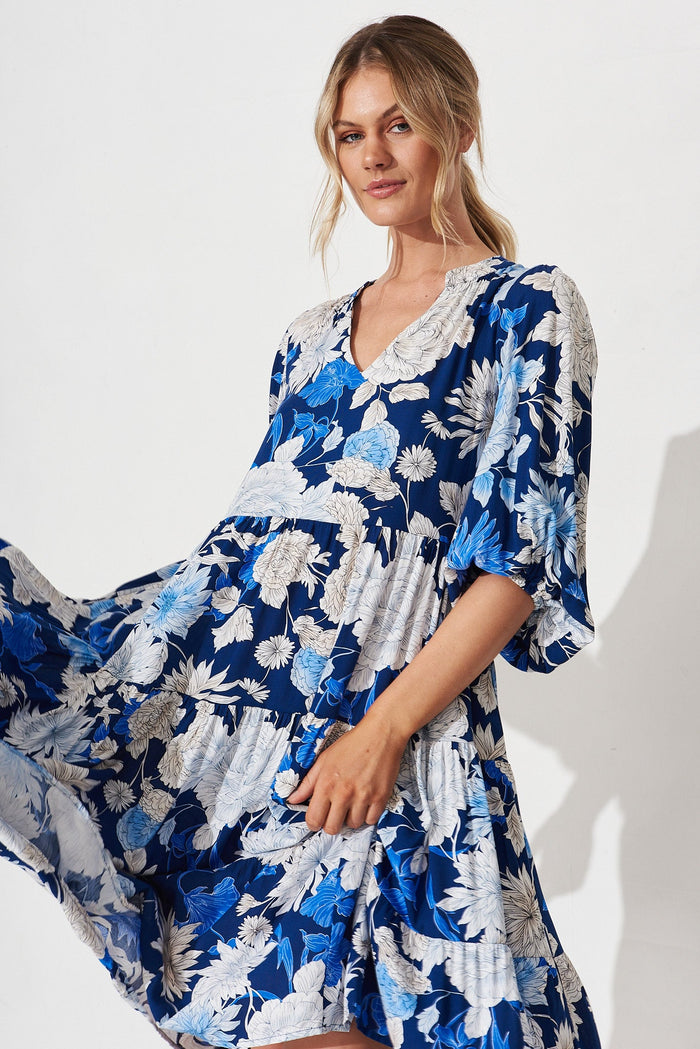 Kehlana Tiered Dress In Blue & White Floral - front