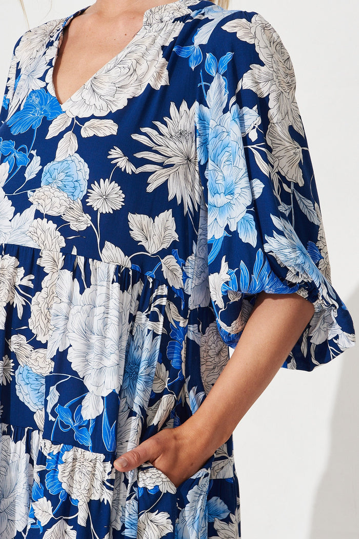 Kehlana Tiered Dress In Blue & White Floral - detail