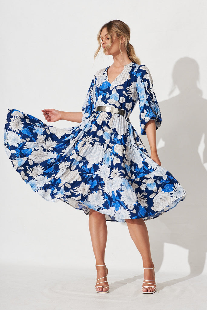 Kehlana Tiered Dress In Blue & White Floral - full length