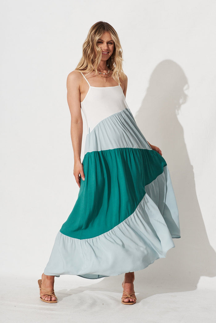 Adelita Maxi Dress In Teal And Cream Colourblock - full length