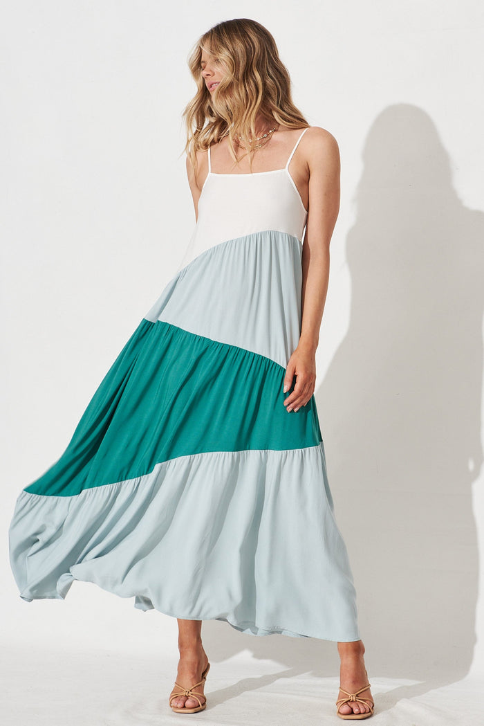 Adelita Maxi Dress In Teal And Cream Colourblock - full length