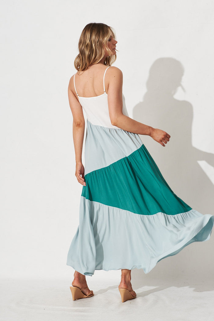 Adelita Maxi Dress In Teal And Cream Colourblock - back