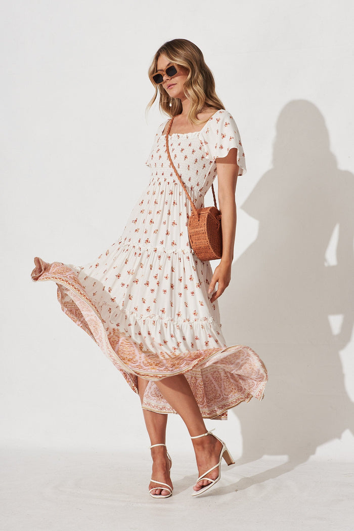 Kerrie Midi Dress In White With Red Floral - full length