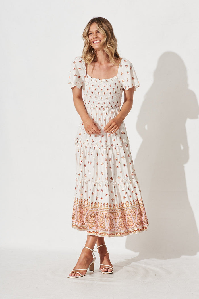 Kerrie Midi Dress In White With Red Floral - full length