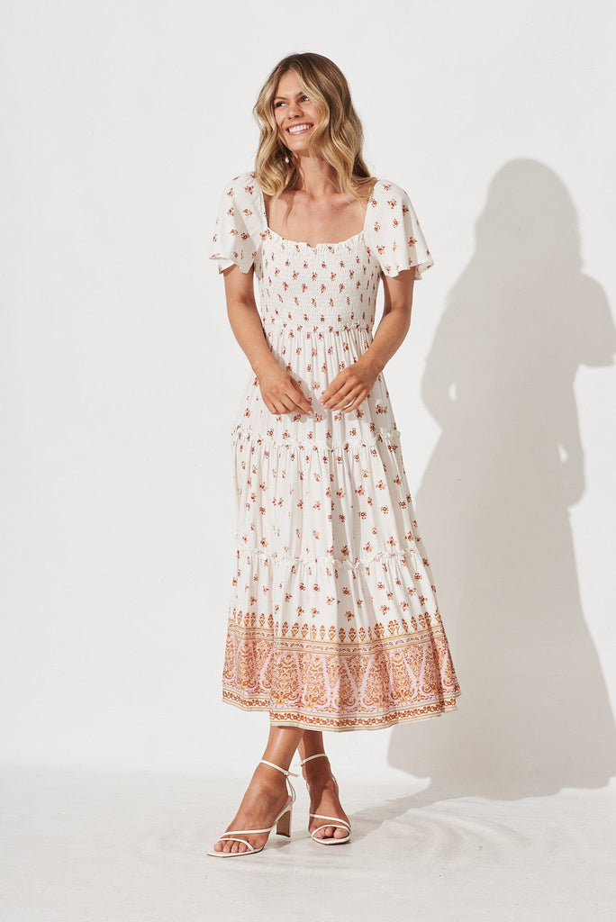 Kerrie Midi Dress In White With Red Floral - full length