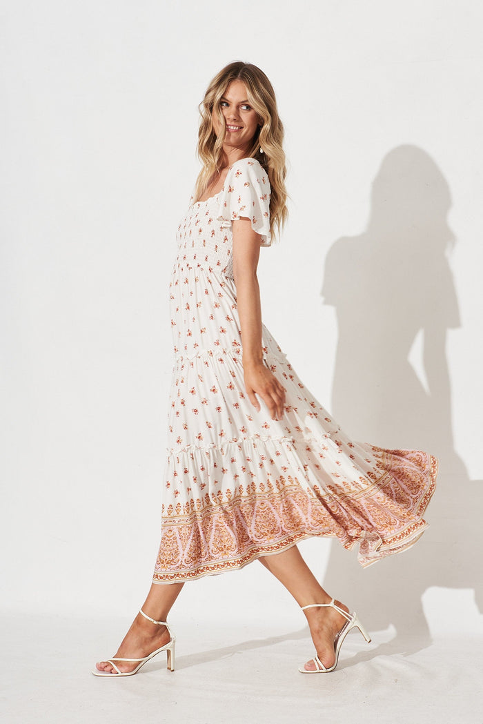 Kerrie Midi Dress In White With Red Floral - side