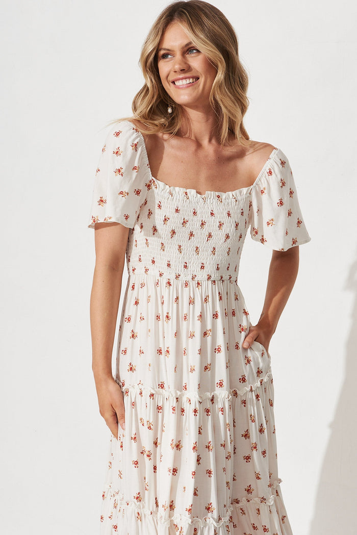 Kerrie Midi Dress In White With Red Floral - front