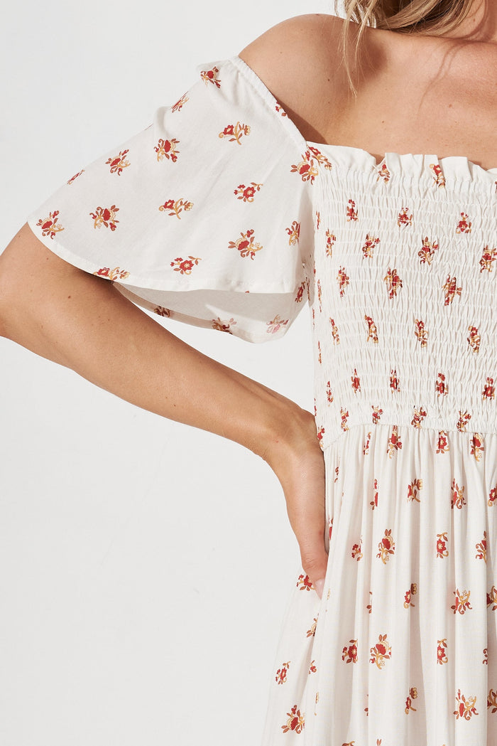 Kerrie Midi Dress In White With Red Floral - detail