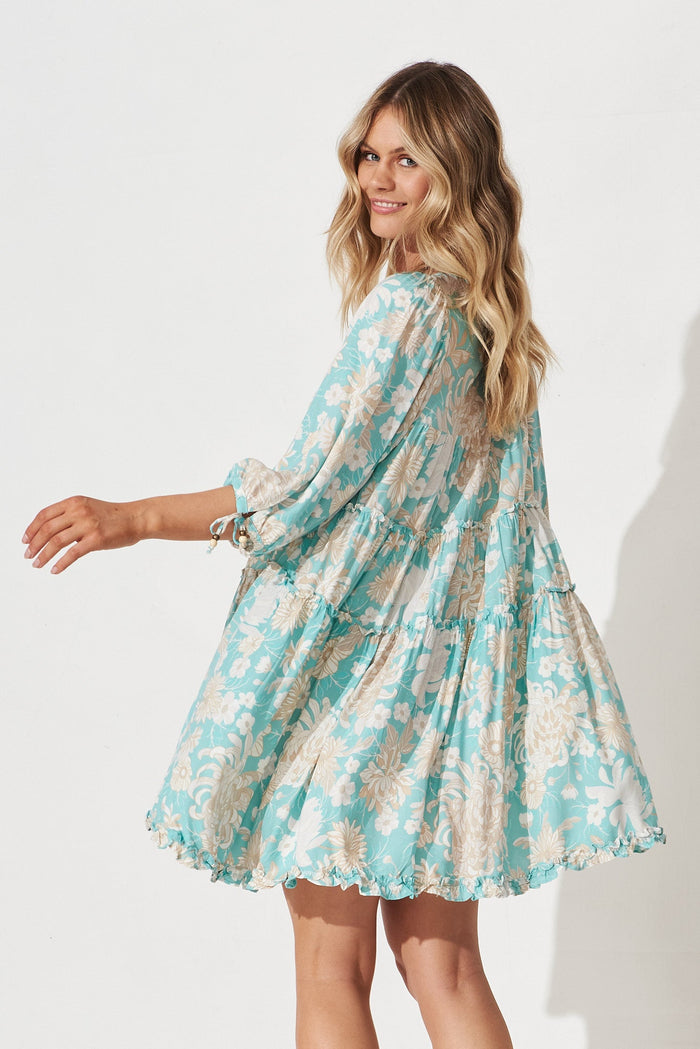 Angelia Midi Dress In Blue With Beige Floral - back