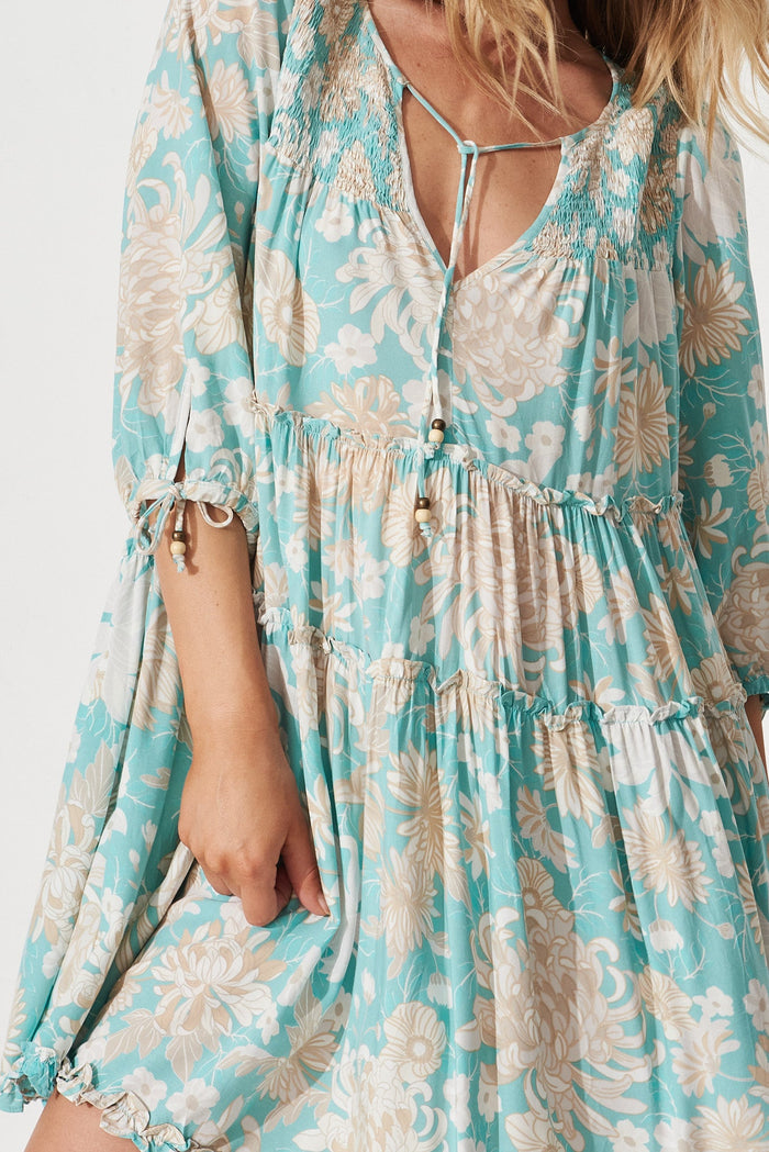Angelia Midi Dress In Blue With Beige Floral - detail