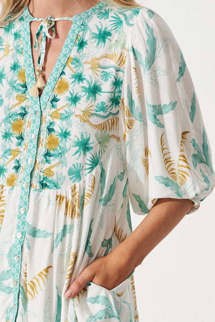 Aine Dress In White With Green Tropical Leaf -  detail