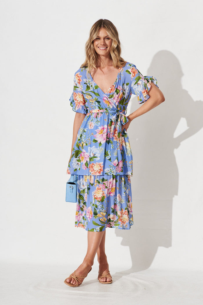Thea Midi Dress In Blue With Multi Floral - full length