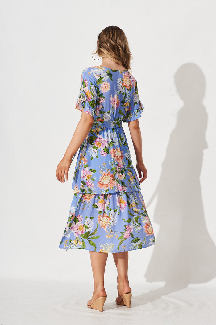 Thea Midi Dress In Blue With Multi Floral - back