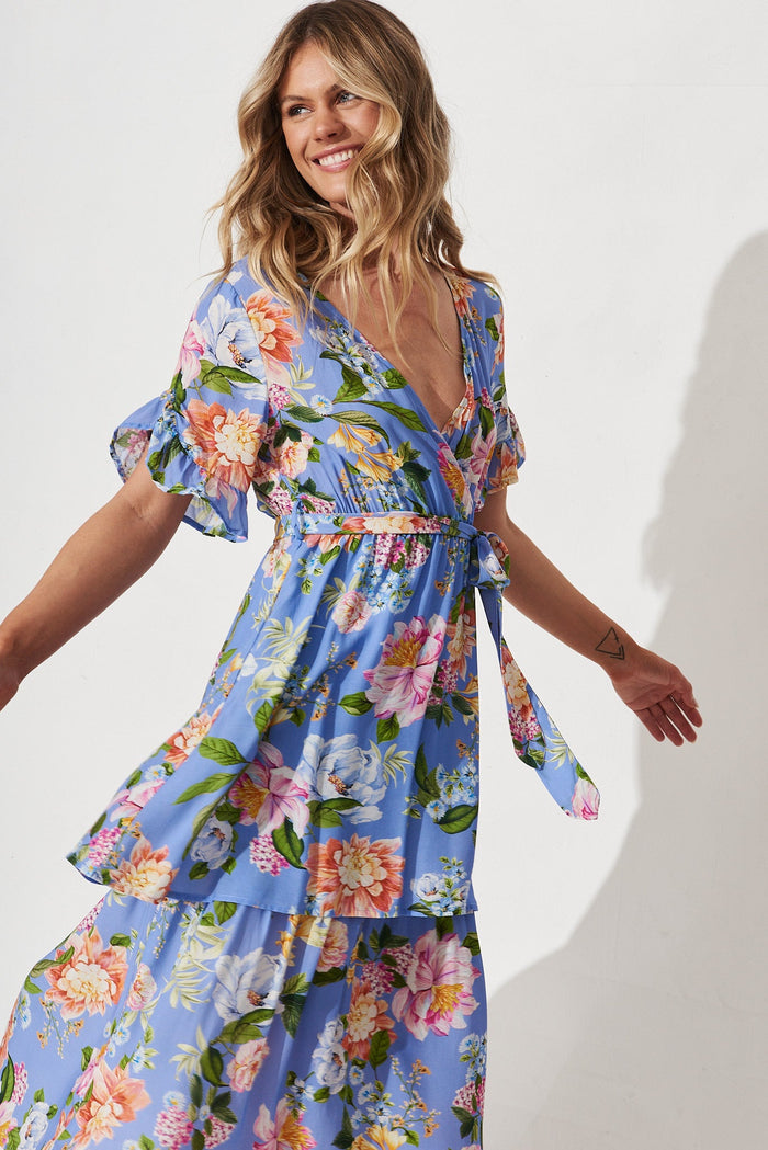 Thea Midi Dress In Blue With Multi Floral - front