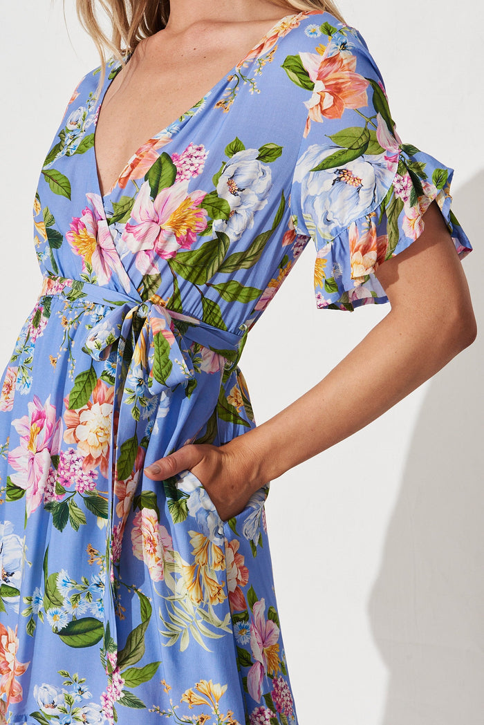 Thea Midi Dress In Blue With Multi Floral - detail