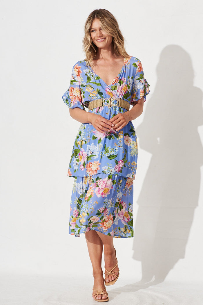 Thea Midi Dress In Blue With Multi Floral - full length