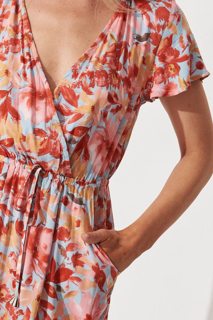 Billie Dress In Blue with Red Floral - detail