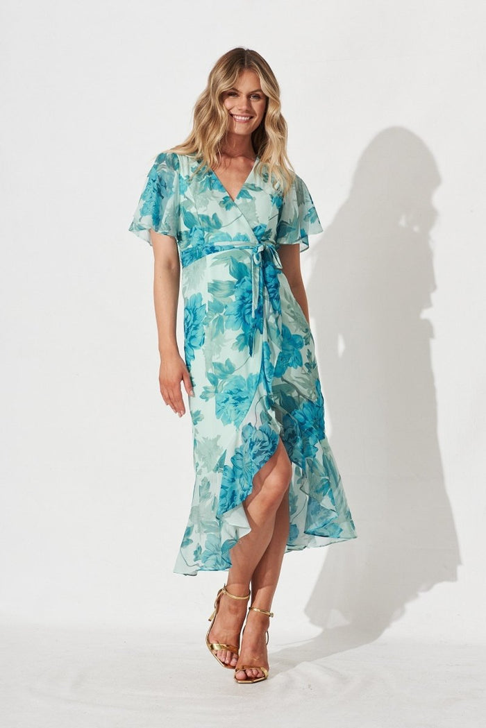 Cathy Midi Dress In Green With Teal Floral Chiffon - St Frock (Dev)