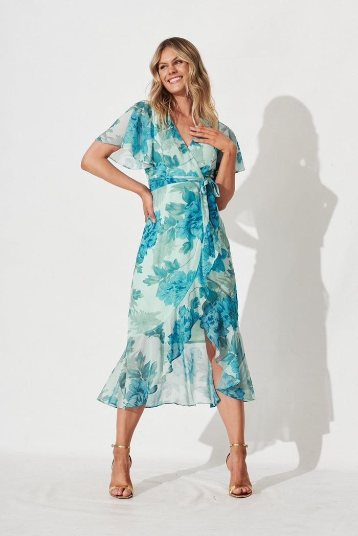 Cathy Midi Dress In Green With Teal Floral Chiffon - St Frock (Dev)