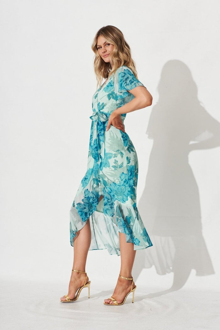 Cathy Midi Dress In Green With Teal Floral Chiffon - St Frock (Dev)