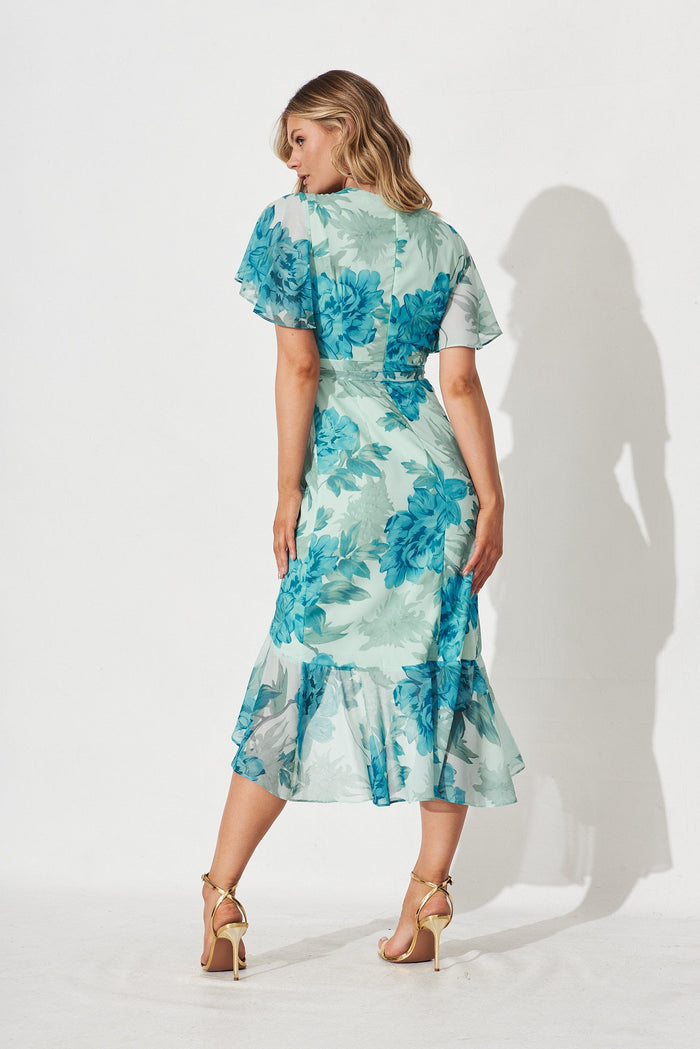 Cathy Midi Dress In Green With Teal Floral Chiffon - back