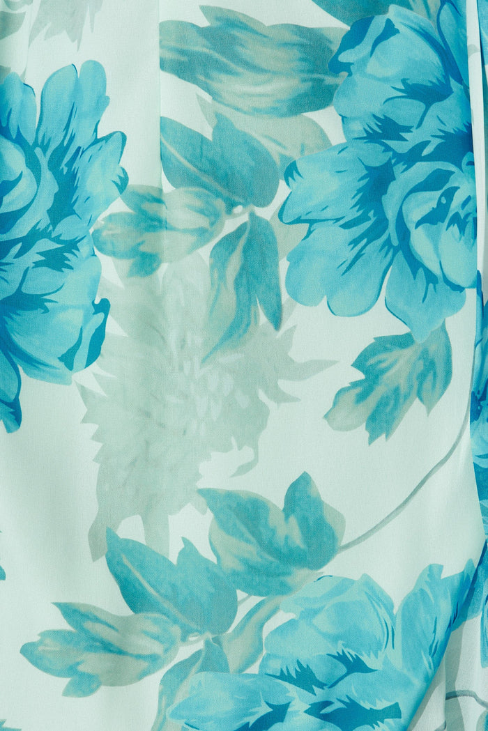 Cathy Midi Dress In Green With Teal Floral Chiffon - fabric