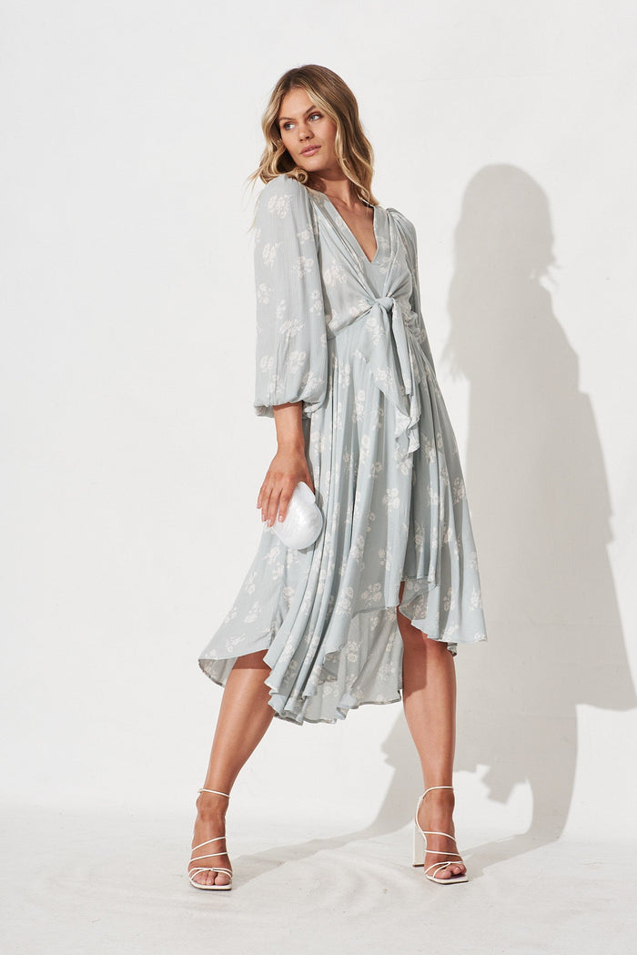 Heylani Midi Dress In Light Blue With White Floral - full length