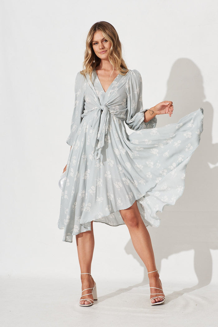 Heylani Midi Dress In Light Blue With White Floral - full length