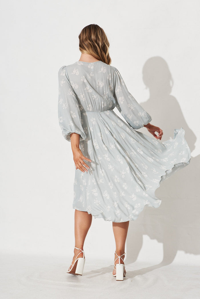 Heylani Midi Dress In Light Blue With White Floral - back