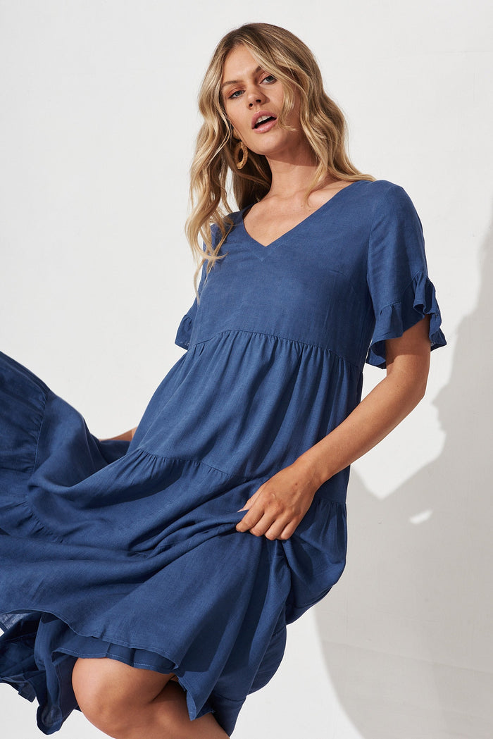 Kristen Midi Dress in Blue Linen Blend - front