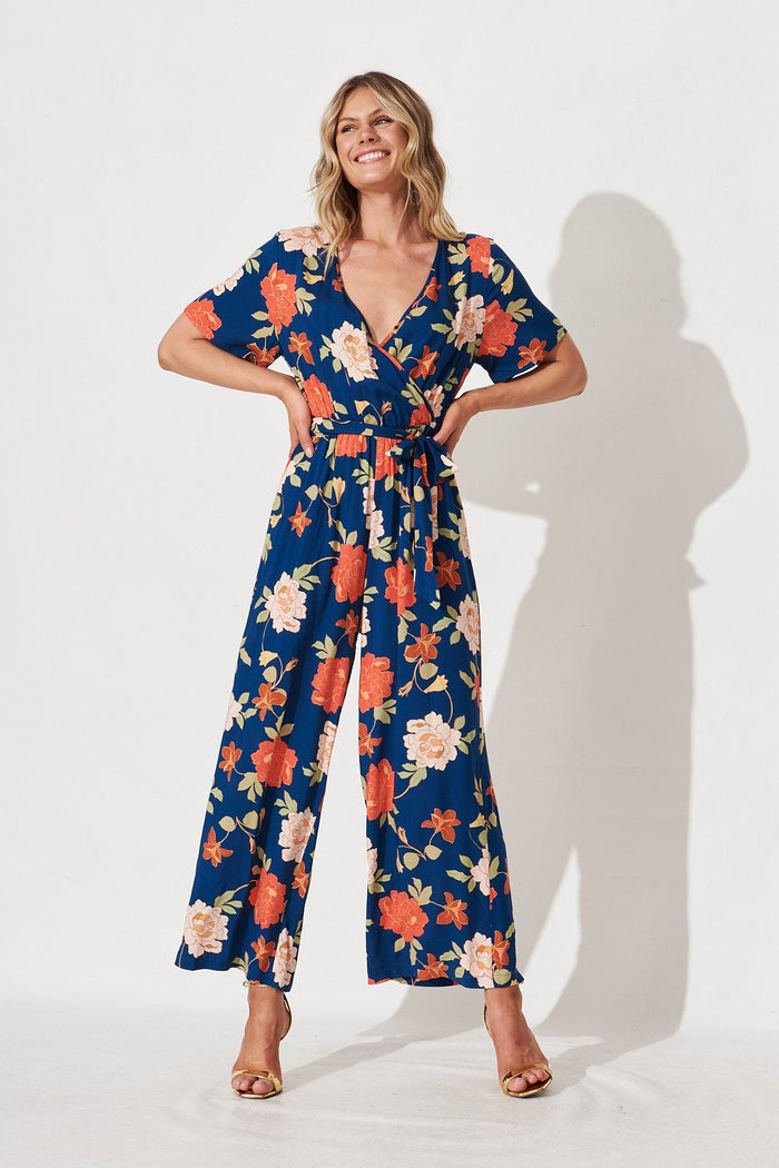 Calliope Midi Jumpsuit In Navy And Pink Floral - full length