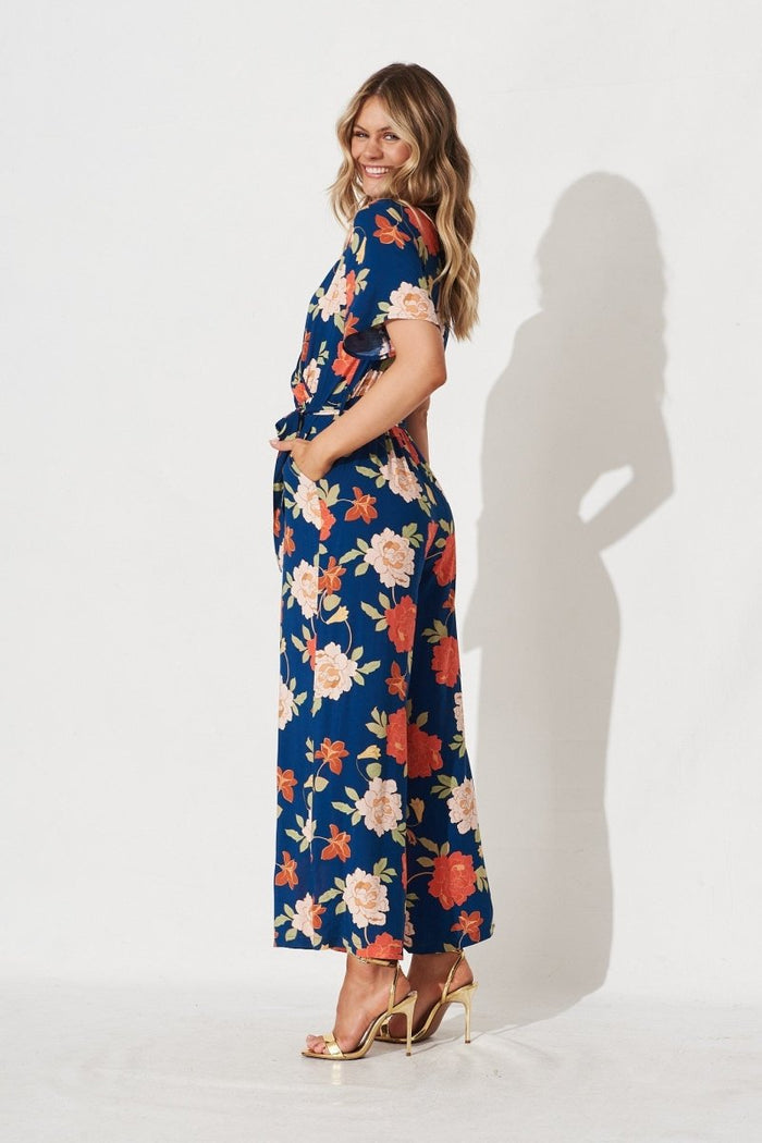 Calliope Midi Jumpsuit In Navy And Pink Floral - St Frock (Dev)