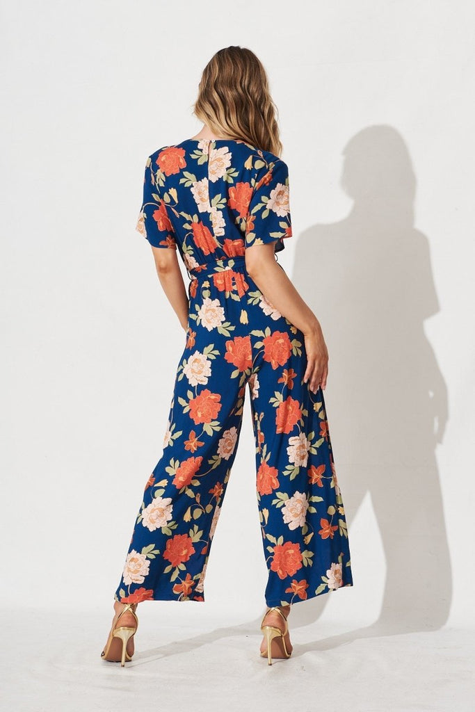 Calliope Midi Jumpsuit In Navy And Pink Floral - St Frock (Dev)