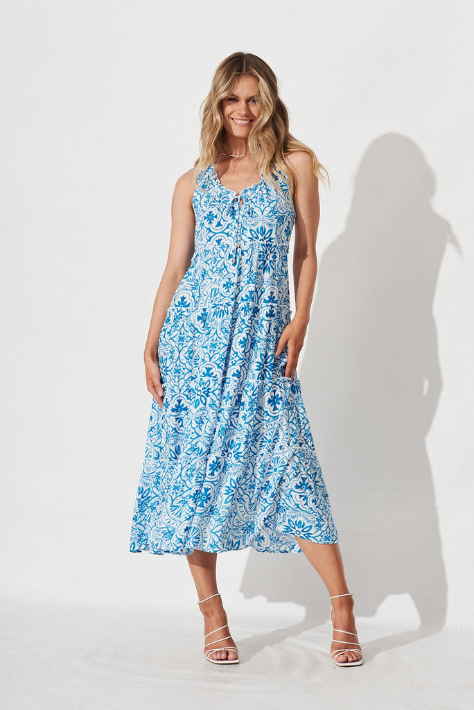 Ophelia Maxi Dress In Blue Tile Print - full length