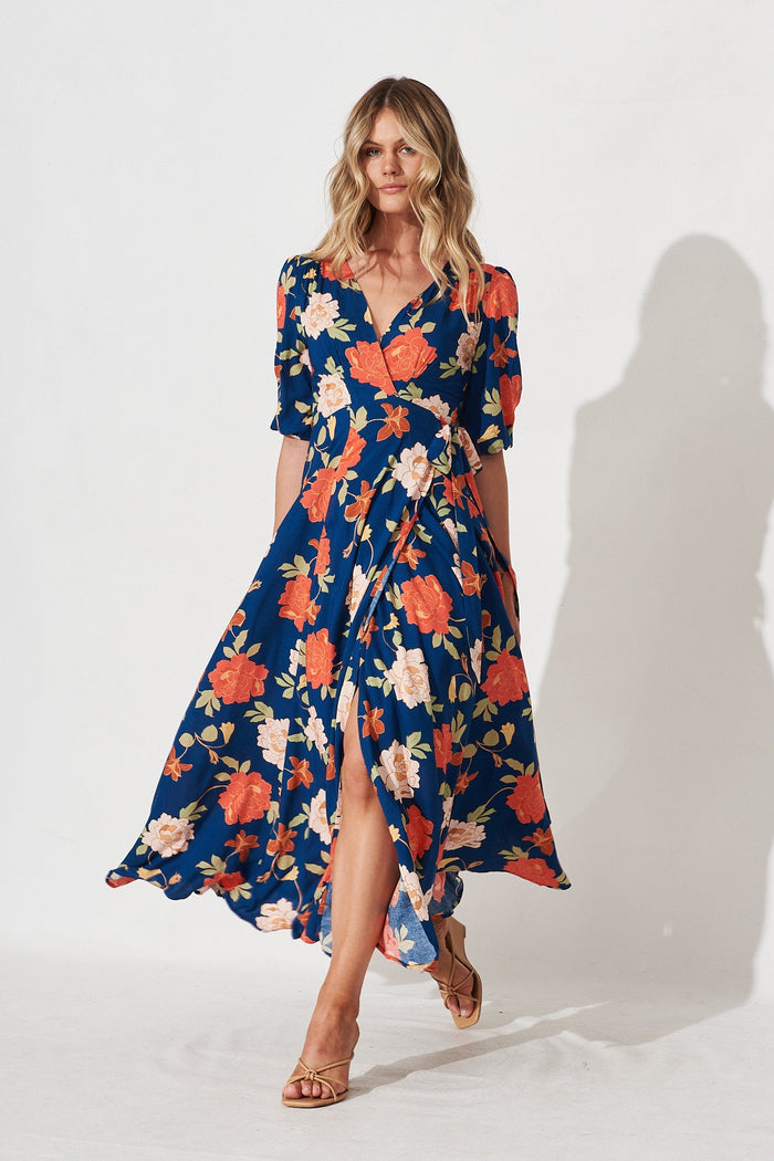 Ronda Wrap Maxi Dress In Navy And Pink Floral - full length