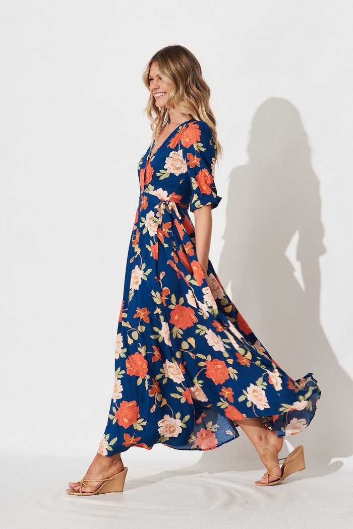 Ronda Wrap Maxi Dress In Navy And Pink Floral - side