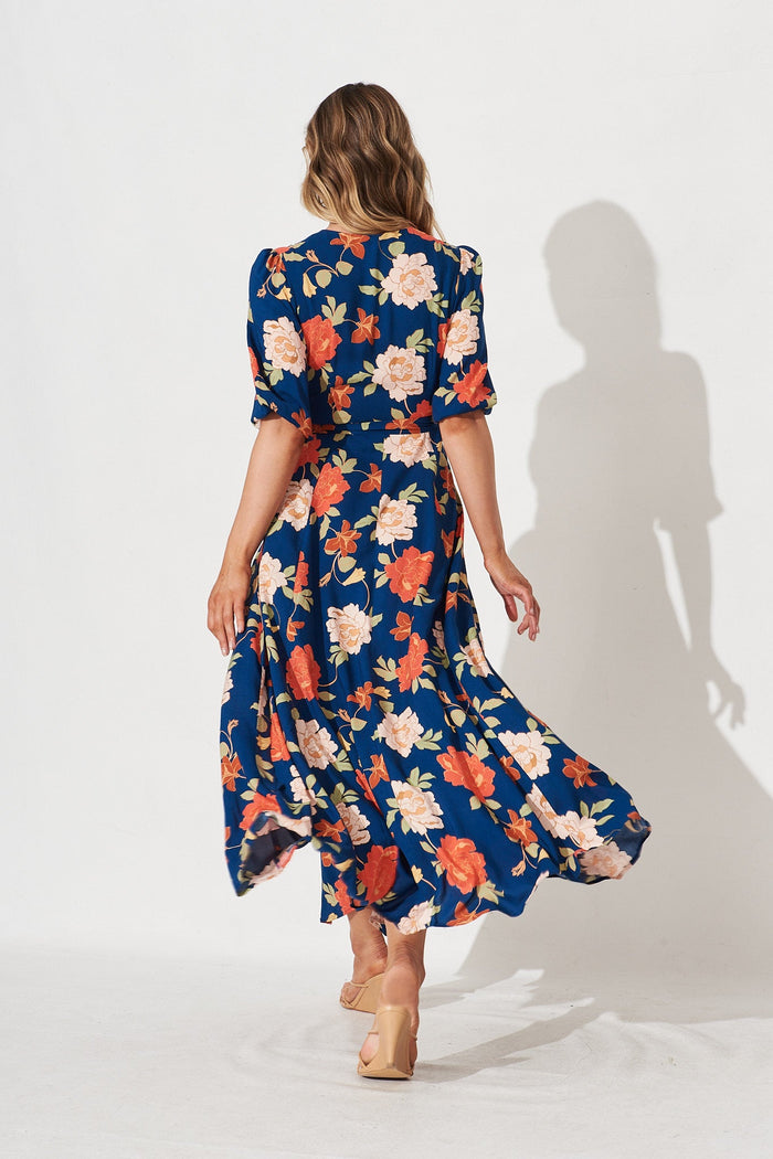 Ronda Wrap Maxi Dress In Navy And Pink Floral - back
