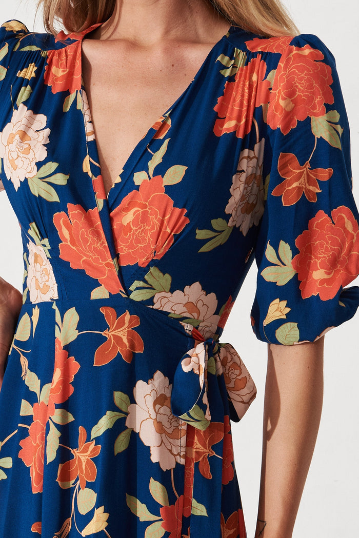 Ronda Wrap Maxi Dress In Navy And Pink Floral - detail
