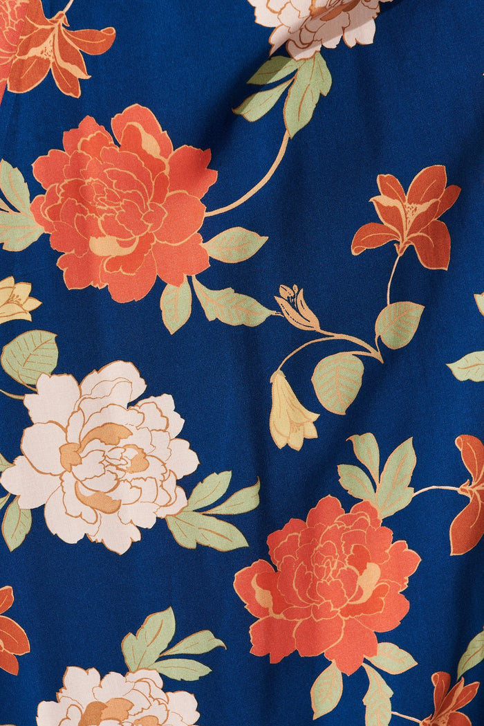 Ronda Wrap Maxi Dress In Navy And Pink Floral - fabric