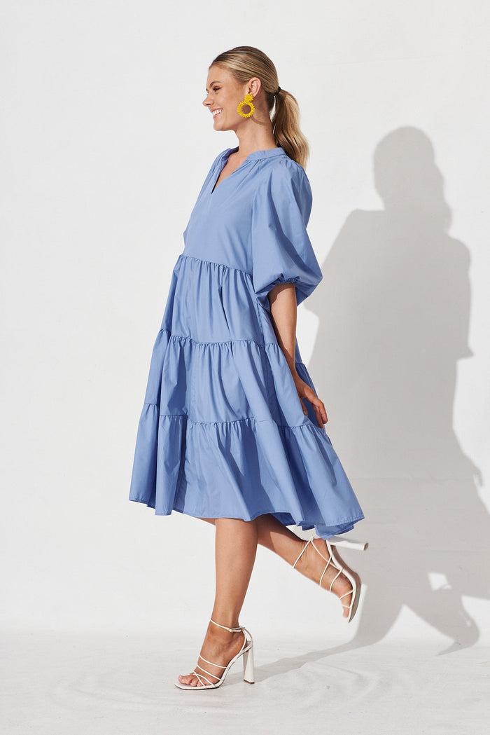 Kehlana Tiered Midi Dress In Blue Poplin - side