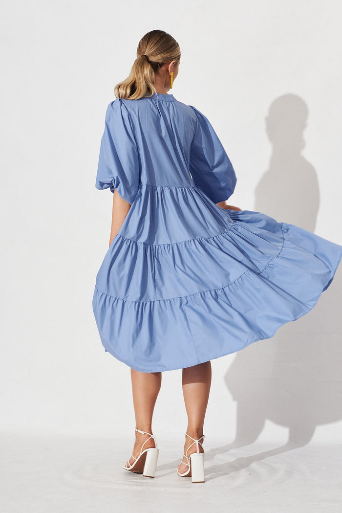 Kehlana Tiered Midi Dress In Blue Poplin - back