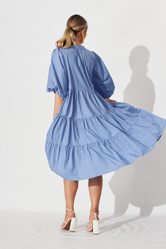Kehlana Tiered Midi Dress In Blue Poplin - back