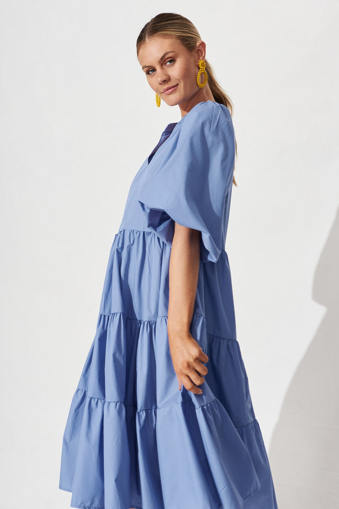 Kehlana Tiered Midi Dress In Blue Poplin - side