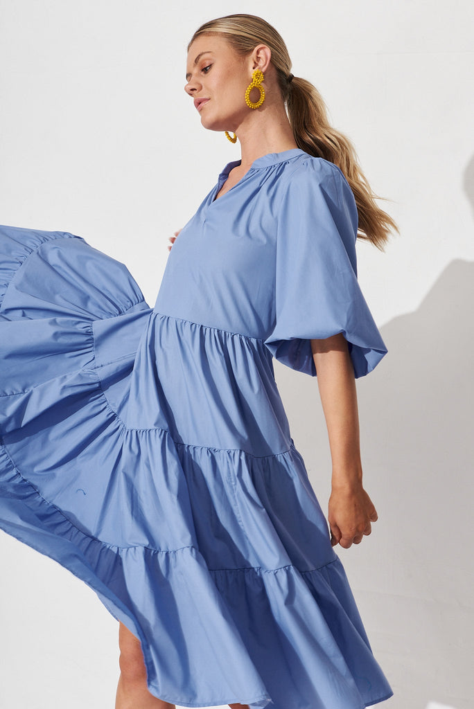 Kehlana Tiered Midi Dress In Blue Poplin - side