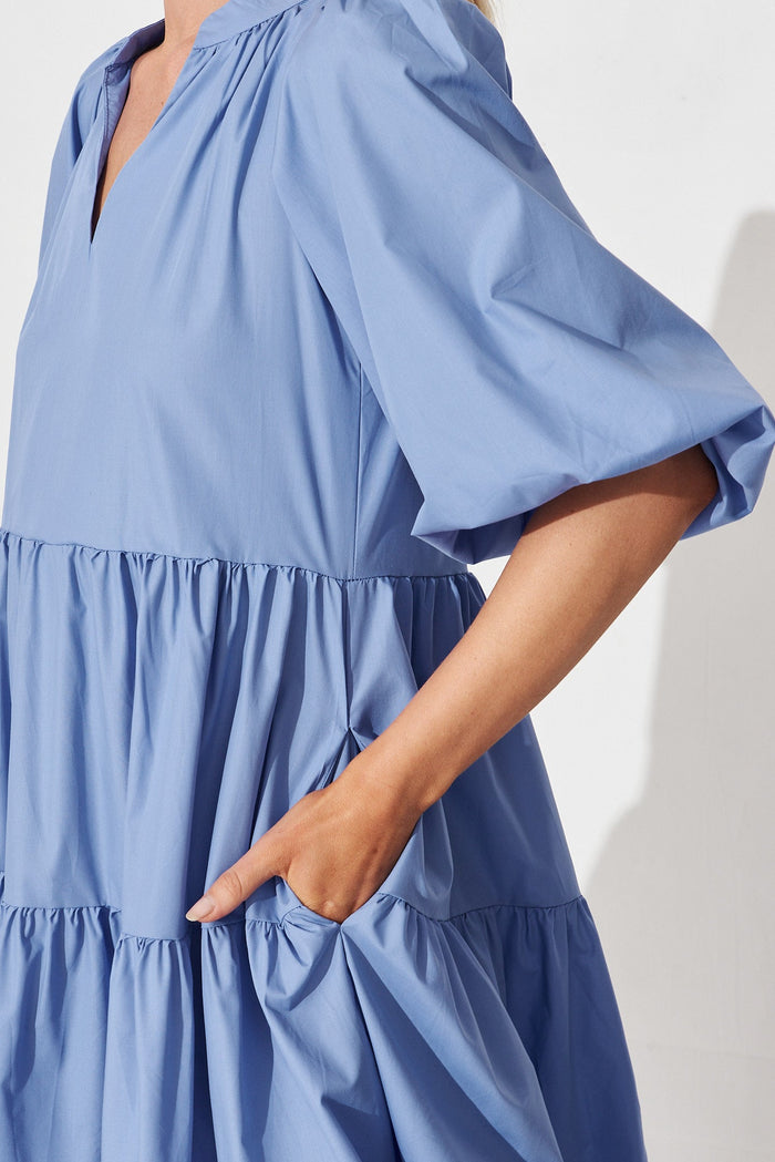 Kehlana Tiered Midi Dress In Blue Poplin - detail