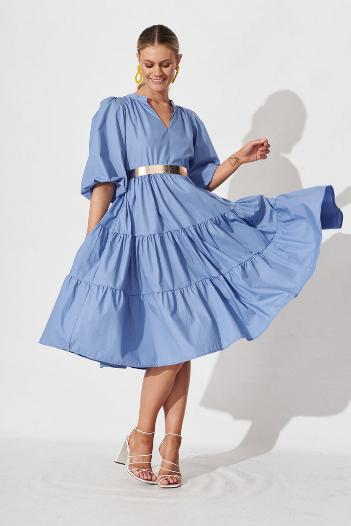 Kehlana Tiered Midi Dress In Blue Poplin - full length